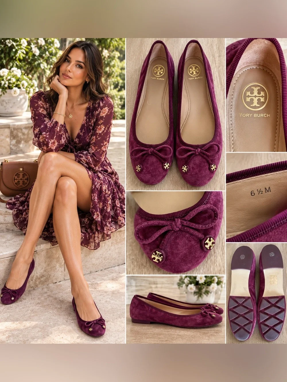 Tory Burch Burgundy Suede Ballet Flats Gold Logo Bow Slip On Shoes Women’s 6.5